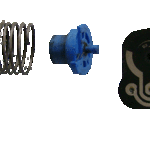 Exploded view of the switch, from the side: housing, coil return spring, potentiometer knob w/ brushes, resistor/circuit "board", cover.