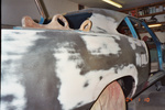 Passenger side new quarter welded on preping for paint.
