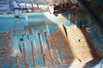 Trunk floor with usual rust. Got away with patching some spots but needed to replace trunk extensions.