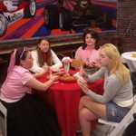 Sally and the girls have lunch. Nice custome Caitlin, this was a 50's Sock Hop not a Britanny Spears concert.