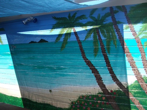 The newly painted hot tub wall