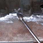 This week-end I welded in 2 sides of the frame rail connectors. The welding was done in 1 inch increments followed with a blast of air to cool off the welds. The frame rail connectors act like a giant heat sink so the floor pans never threatened to begin heat warpage.