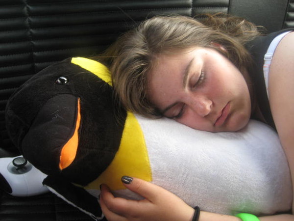 One tired girl, one useful penguin.