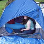 Deanna trys out the tent.