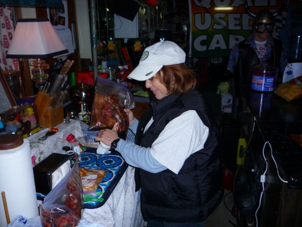 Joann gets the cookables ready.