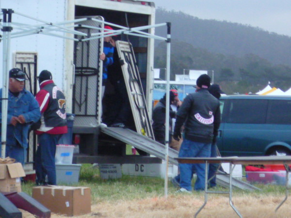 The Hells Angles set up a booth selling homemade ice cream cakes and fresh flowers bouquets.