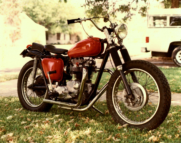 It's a TRIUMPH. Built using a '63 TR-6SS motor, 67 Bonniville frame, '68 BSA front end & quick change rear wheel, factory "flat tracker" tank. NO gauges