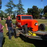 He's got a neat old Bonniville race car too in tow.
