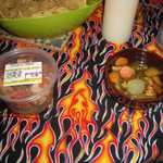 Shrimp laced Salsa Freasa and a bowl of hot peppers go well together.