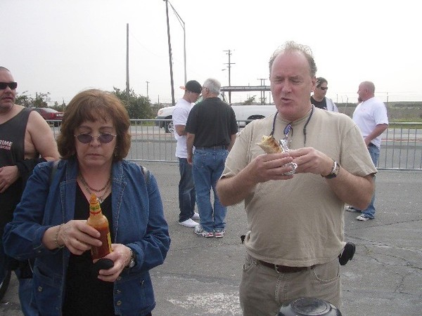 Dave leaves his Charger long enough to try our homemade burritos.