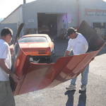 Highlight for Album: Don picks up his wild race Duster at Sanderson's Headers in South San Francisco, ca.